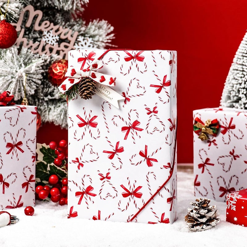 Retrify Christmas Wrapping Paper - Red White Candy Cane with Bow Snowflake Pattern Gift Wrap Paper for Holiday Shower Party Celebration - 17 Inch x 32.8 Feet Mini Roll - Image 2